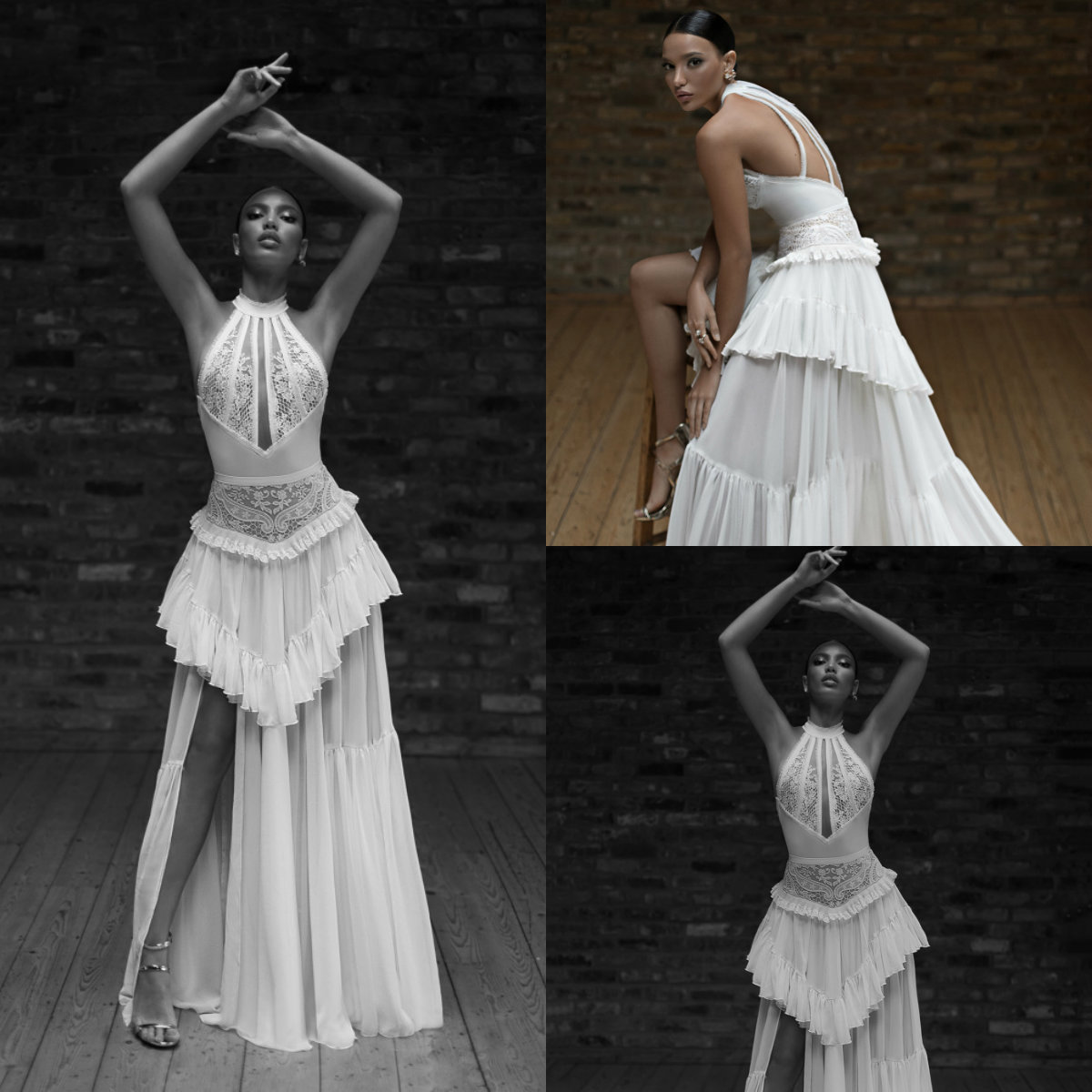 Lior Charchy Mermaid Dresses Halter Lace Sexy Backless Side Split Tiered Skirts Bohemian Wedding Dress Chiffon Beach Bridal Gowns