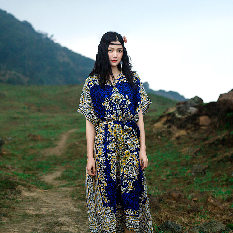 Thailand exotic style stamp Flower vacation long Dress loose large Retro art travel dress Boho Calico Floral Crochet print India Ethnic