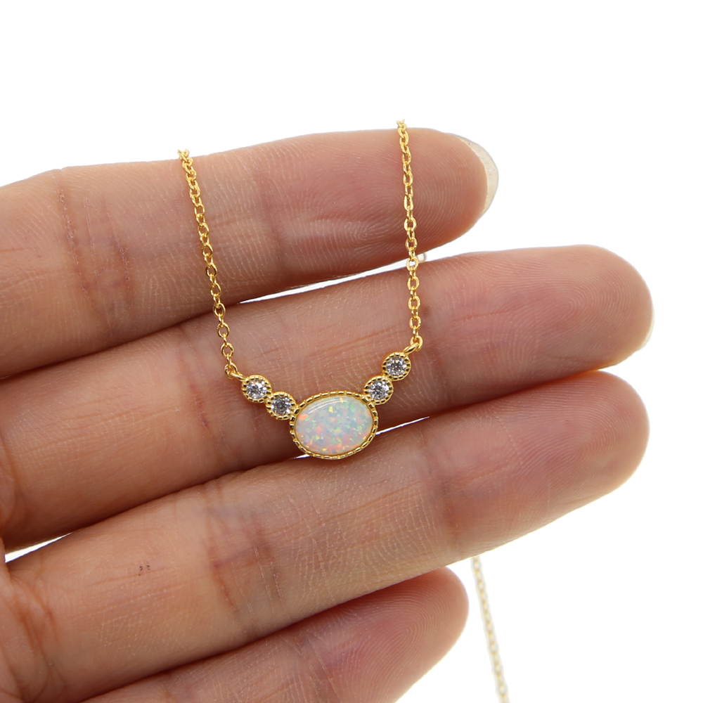 925 sterling silver opal gemstone jewelry gold silver color delicate silver chain oval opal stone thin chain simple stone design necklace