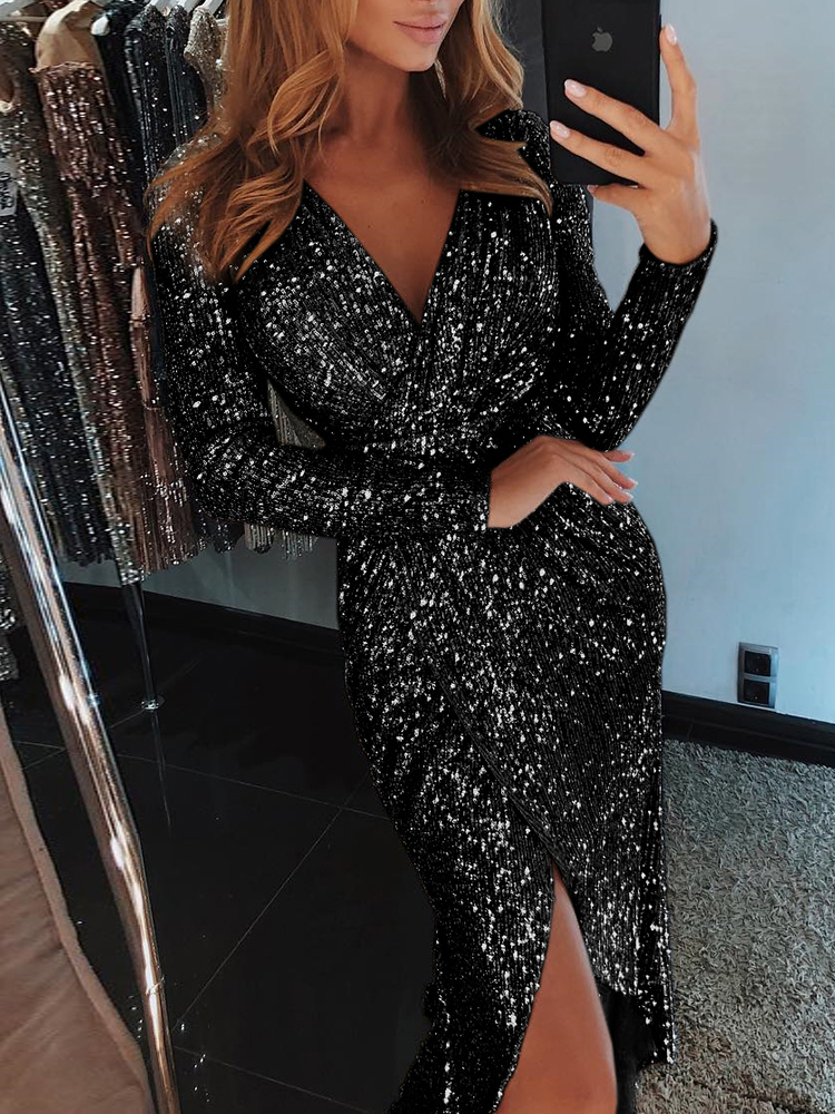 Women Lighting Sparkly Bodycon Dress Sexy Split Night Dresses Autumn Long Sleeve Midi Party Dress Sheath Sequin Clubwear
