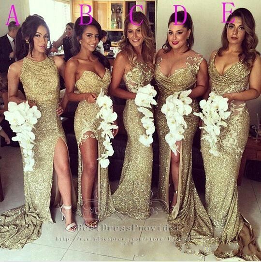 

2021 Sexy Cheap Sequins Bridesmaid Dresses Gold Different Neckline Illusion Back High Split Evening Dresses Mermaid Long Maid of Honor Gowns