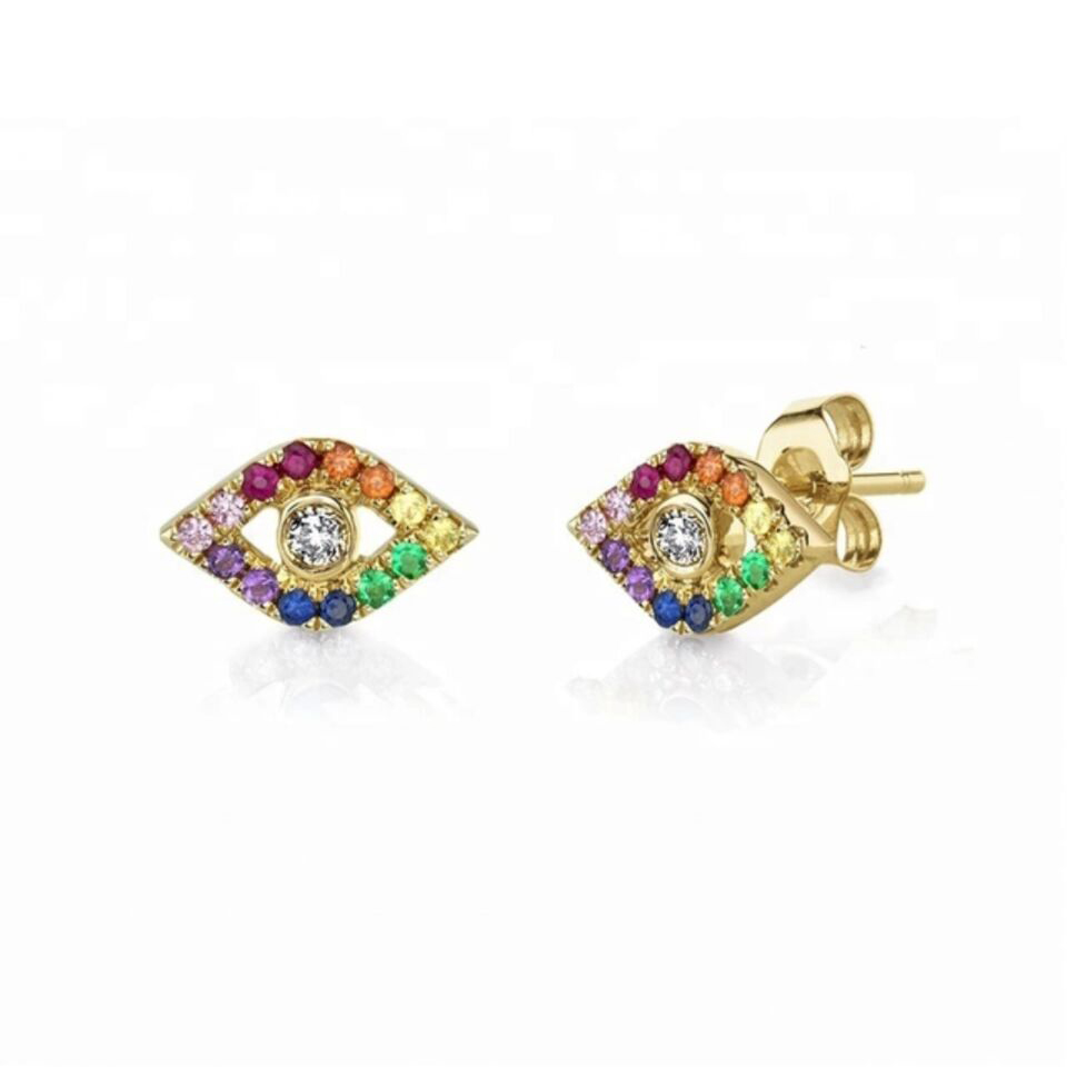 lucky evil eye charm Gold silver plated 925 sterling silver rainbow colorful cz paved bright silver eye stud earring