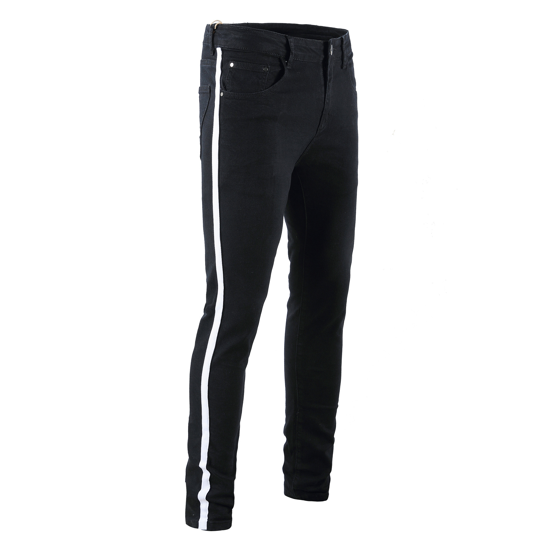 Mens Side Striped Black Jeans Elastic Long Pencil Pants Ripped Hiphop Style Holes