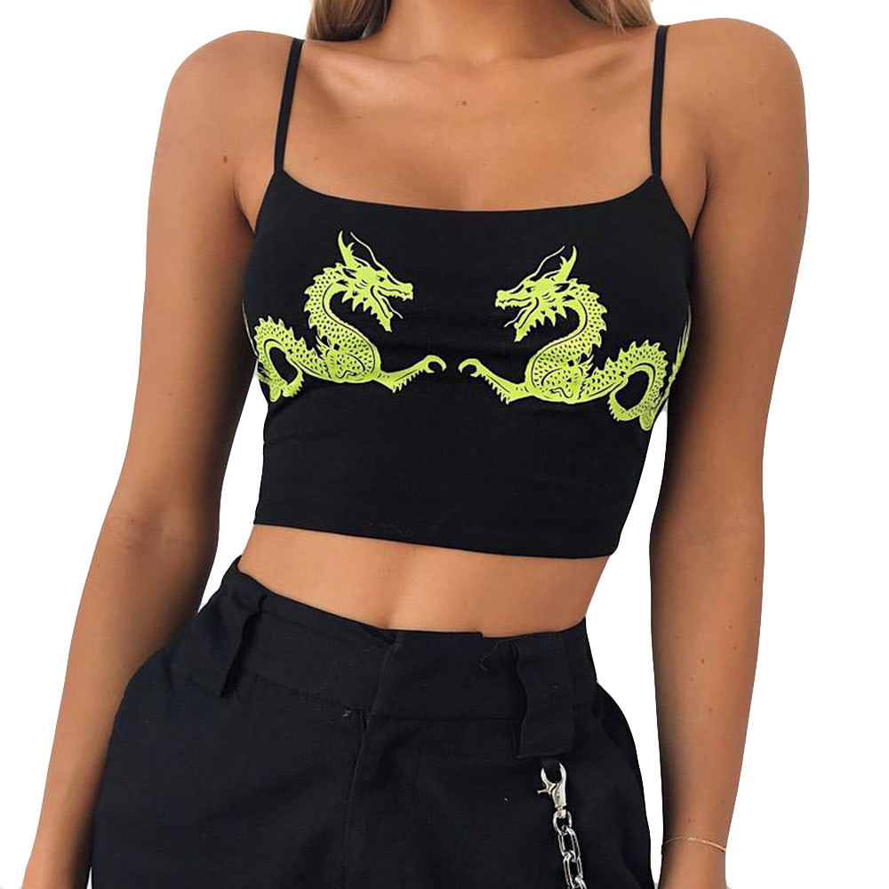 Women Summer Fashion Sexy Chinese Dragon Printed Cami Vest Black Backless Crop Top Camisole ap11