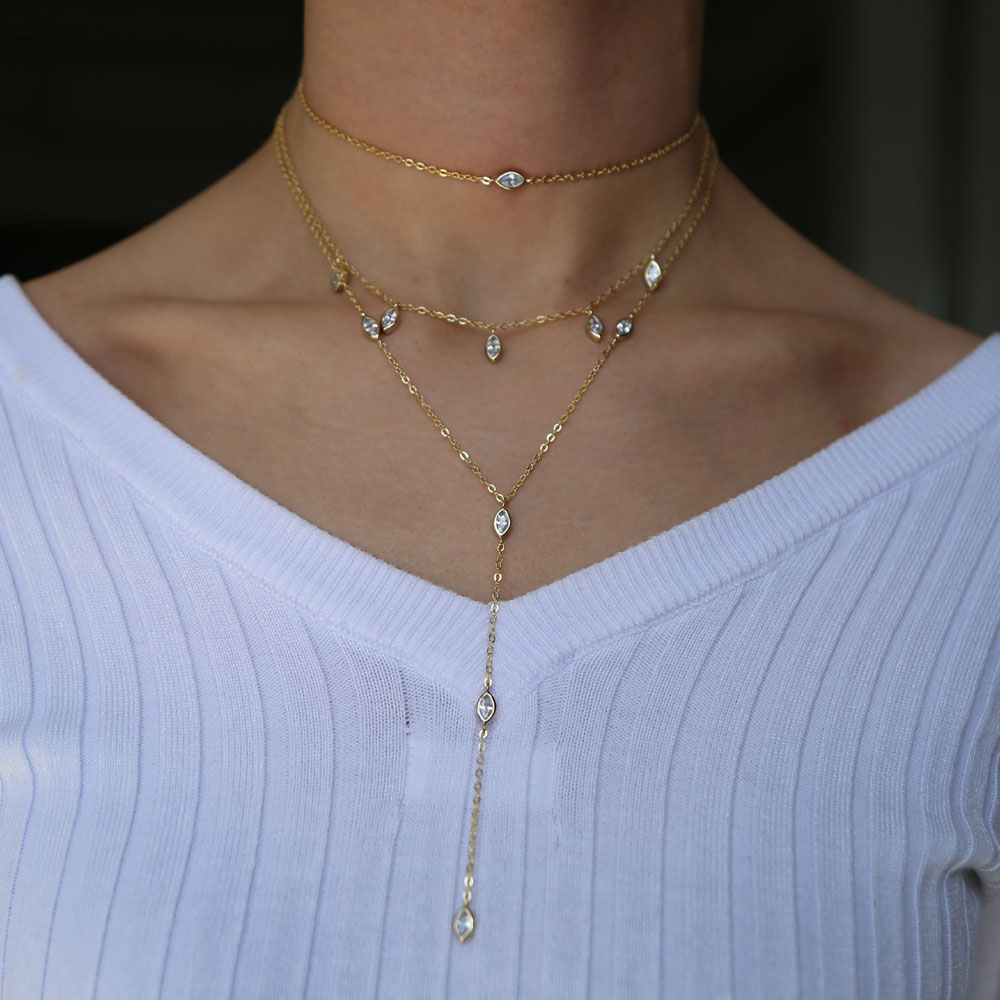 european USA hot selling women jewelry high quality Gold plated Women three layer multi layer chain long sexy summer cz charm necklace