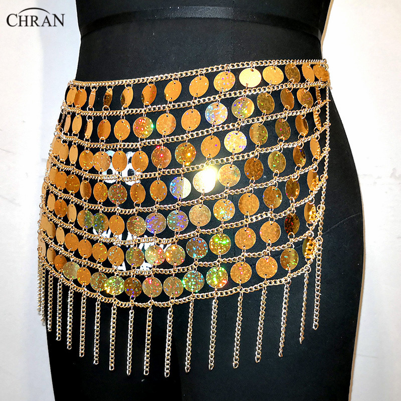 Chran Laser Gold Sequin Bead Belly Waist Chain Sexy Mini Skirt Women Necklace Bikini Wear Party Dress Festival Sexy Bod Jewelry