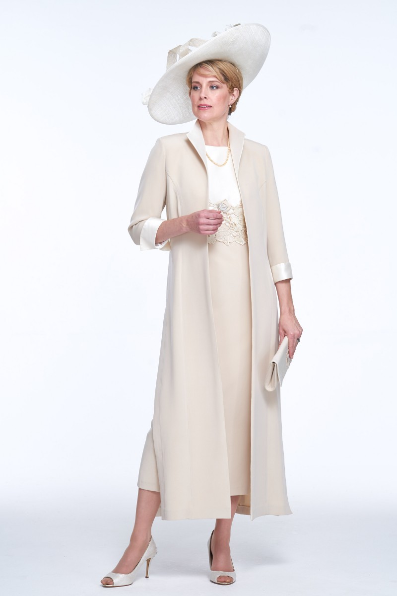 Elegant Two Pieces Mother Of The Bride Dress Tea Length Lace Applique Satin Wedding Guest Dress With Jacket