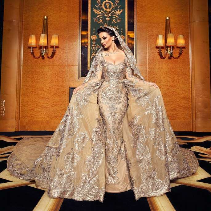 new designer champagne wedding dresses with detachable train long sleeve lace beads bridal gowns scoop neck robe de marie soire