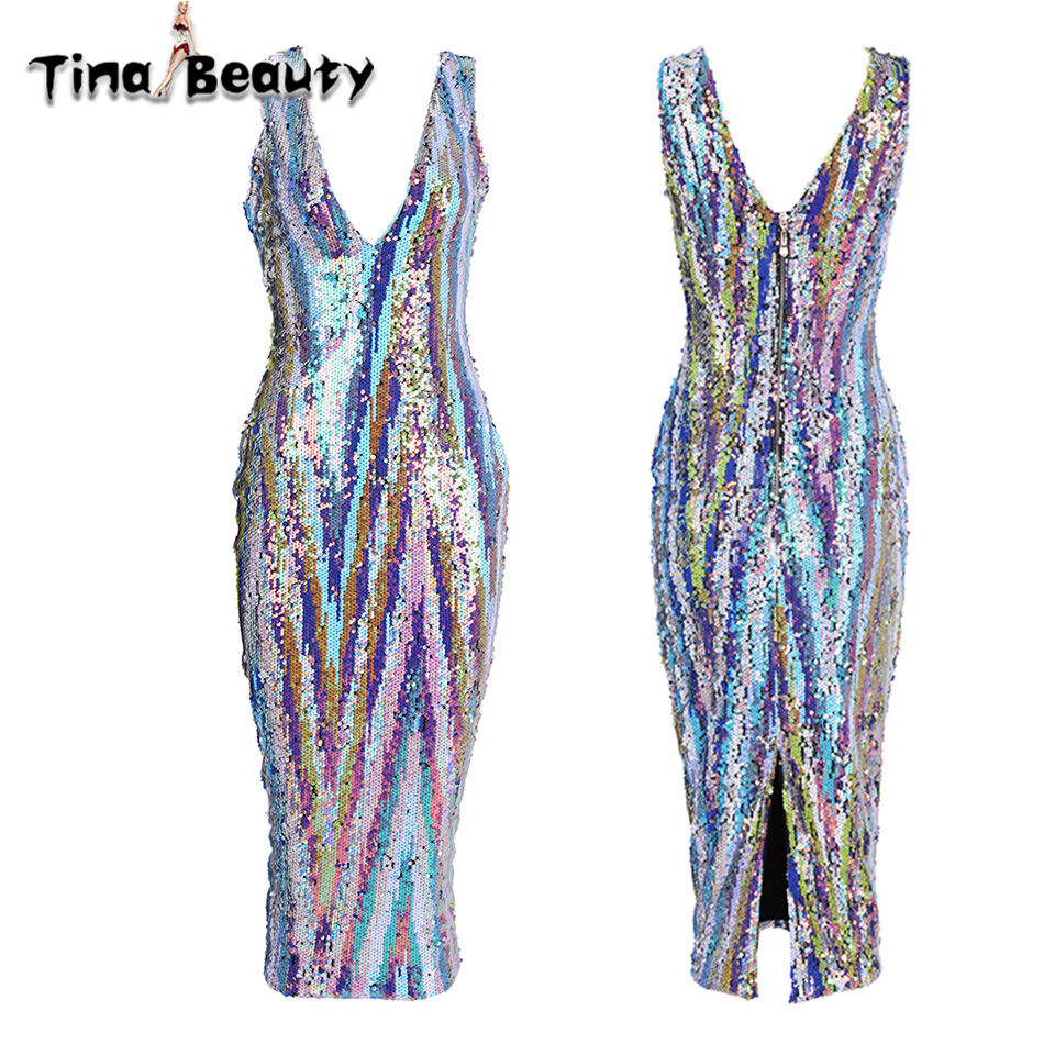 Tina Beauty Celebrity Angel Brinks Dress Women Rainbow Sequined Midi Dresses Sexy Shimmer Sleeveless V Neck Split Bodycon Dress