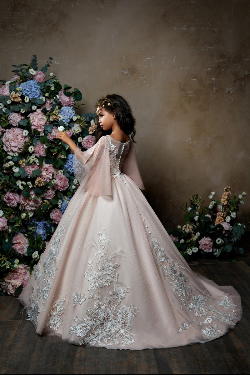 pentelei blush pink flower girl dresses for weddings jewel neck lace appliqued little kids baby gowns beaded feather communion dress