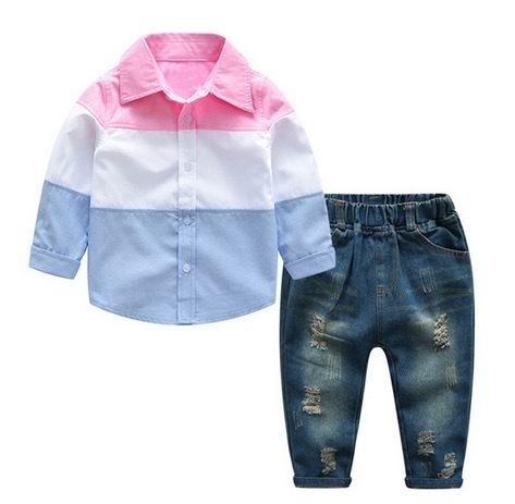 Spring Autumn Casual Boys childrens Clothes Sets Cotton Striped Shirts + Ripped Jeans Pants 2Pcs/set Gentleman Kids clothing Clothes