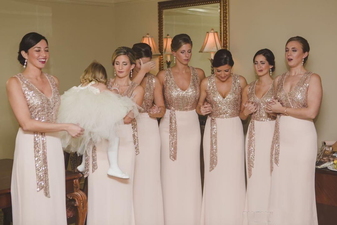 Rose New Design Gold Sheath Bridesmaid Dresses Chiffon V Neck Floor Length Wedding Party Maid Of Honor Dress Formal Gowns