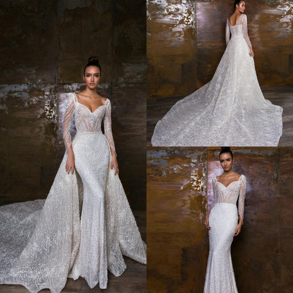 Gorgeous Mermaid 2019 Wedding Dresses With Detachable Train Sweetheart Long Sleeves Crystal Wedding Dress Lace Appliqued Bridal Gowns