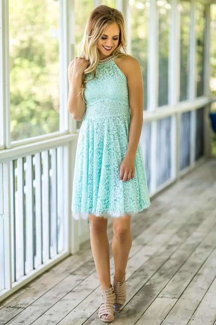 Spring 2019 Mint Lace Short Bridesmaid Dresses Cute Pearls Beaded Halter Neckline A Line Knee Length Wedding Guest Dresses Custom Made