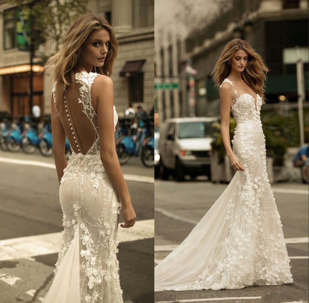 Elegant Sheer Wedding Dresses Beaded 3D Floral Appliques Button Back Wedding Dress Sweep Train Mermaid Bridal Gowns, Custom made from color chart
Elegant Sheer Wedding Dresses Beaded 3D Floral Appliques Button Back Wedding Dress Sweep Train Mermaid Bridal Gowns, Custom made from color chart