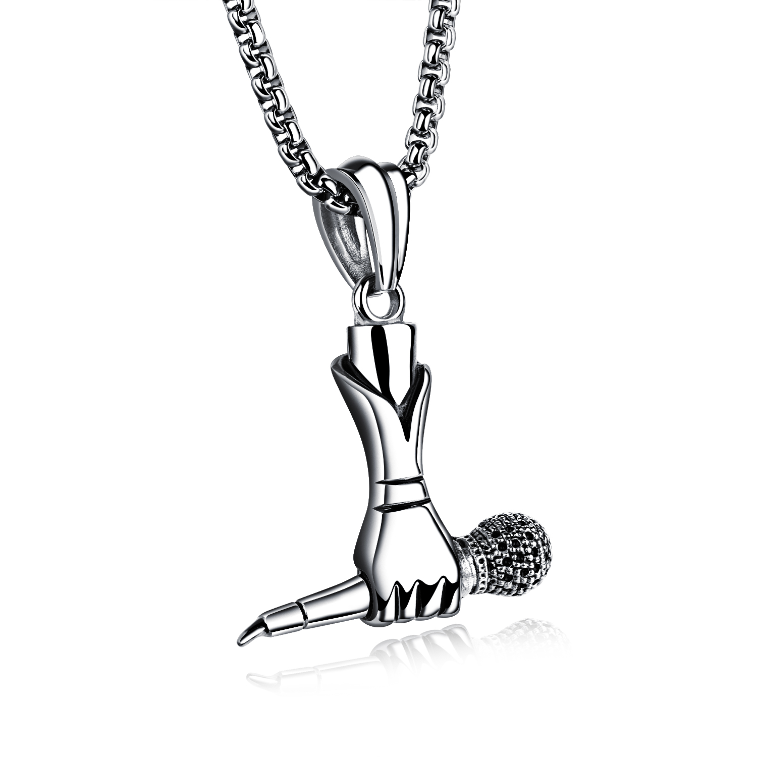 Silver Microphone with Hand Necklace in Stainless Steel Musician Music Lover Singer Vocalist Choir Rocker Star Hip Hop Jewelry
Silver Microphone with Hand Necklace in Stainless Steel Musician Music Lover Singer Vocalist Choir Rocker Star Hip Hop Jewelry