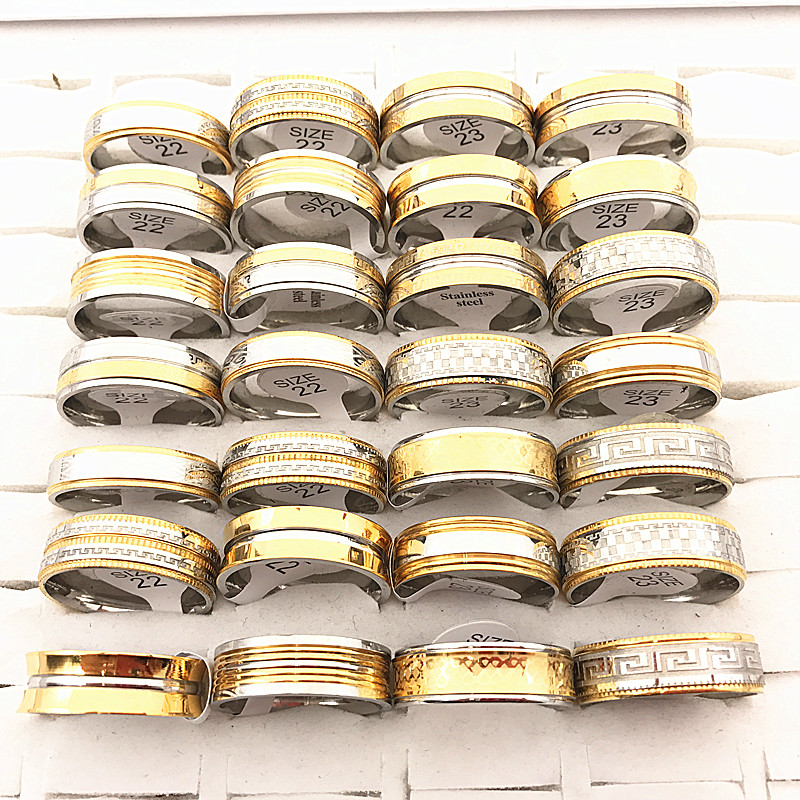 Wholesale Mens Gold Silver 8mm Stainless Steel Polishing Big Size Jewelry Rings(Size:22mm-23mm 10 design)