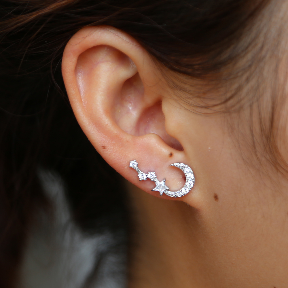 925 sterling silver moon star chrimstmas gift jewelry earring star round cz long ear climber elegance women ladies gift fine silver