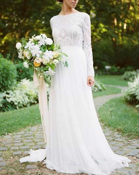 Bohemian Country Wedding Dresses With Long Sleeves Bateau Neck A Line Lace Applique Chiffon Boho Bridal Gowns Cheap robe de mariée