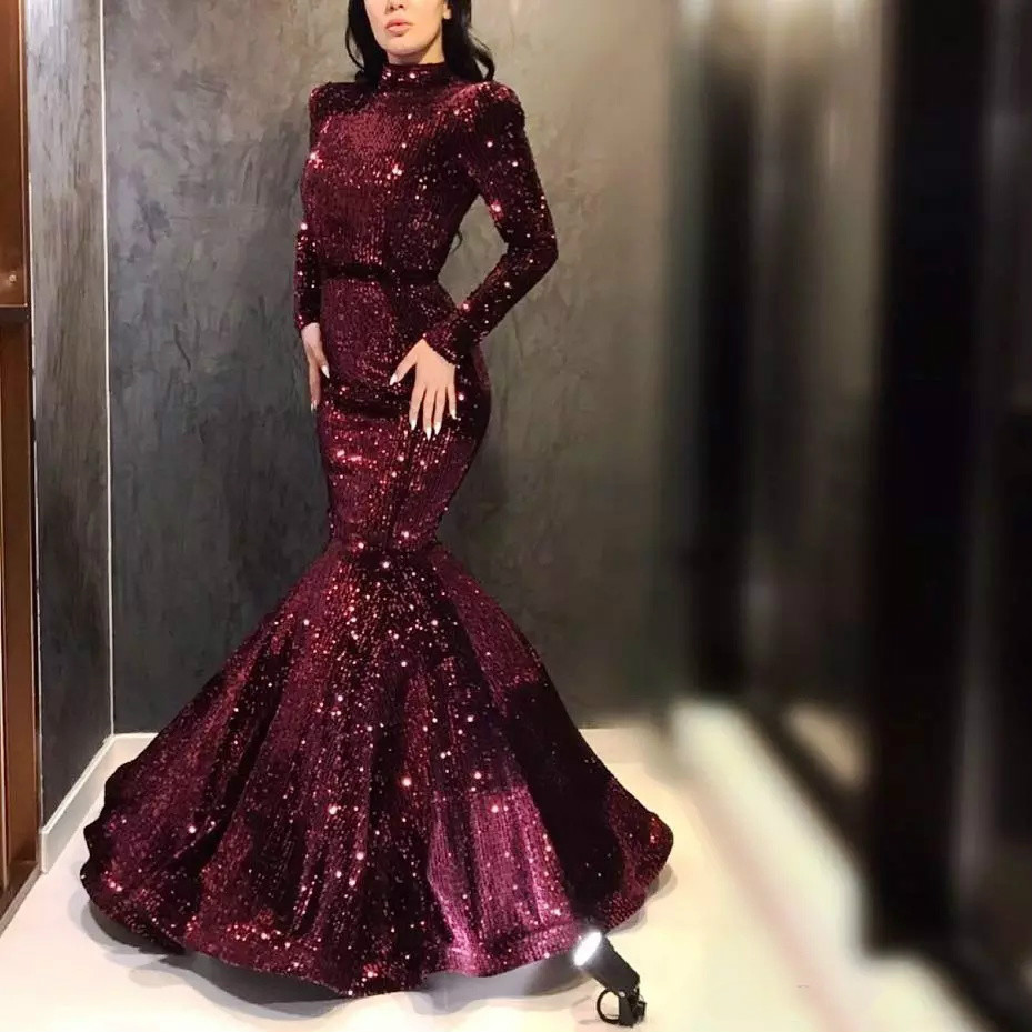 Sparkly Sequins Mermaid Prom Dresses High Neck Long Sleeve Backless Formal Dress Party Glamorous Saudi Arabia Evening Gowns Formal Wear