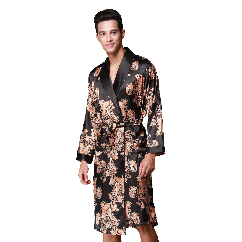 Men Robe 2018 Spring New Kimono Bathrobe Gown Faux Silk Robes Long Sleeve Home Clothes Male Sleewear Bath Geisha L XL XXL
