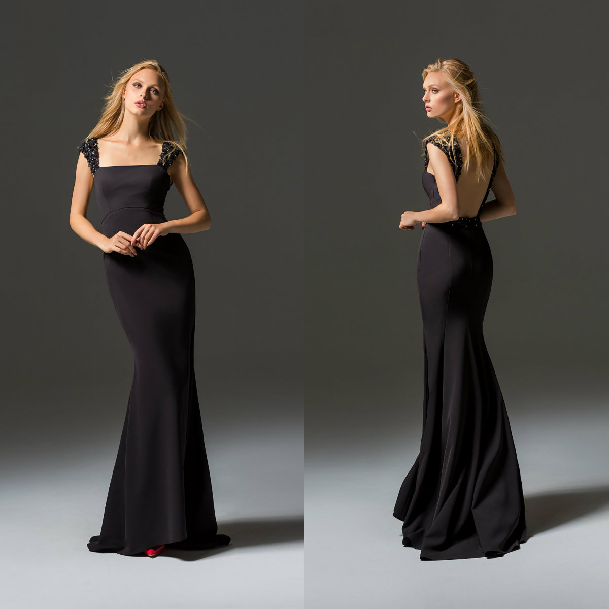 Elegant Designer Prom Dresses Square Neck Cap Sleeve Appliques Beaded Evening Gowns Backless Satin Mermaid Party Reception Dress