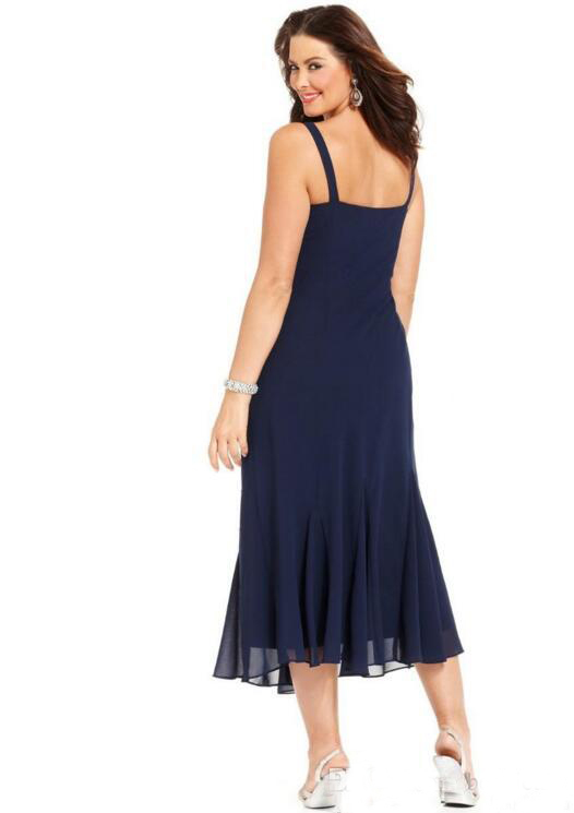 Elegant Navy Blue Chiffon Tea Length Plus Size Mother of the Bride Dresses with Jacket 3/4 Sleeves Mother Dresses Wedding Guest Dresses