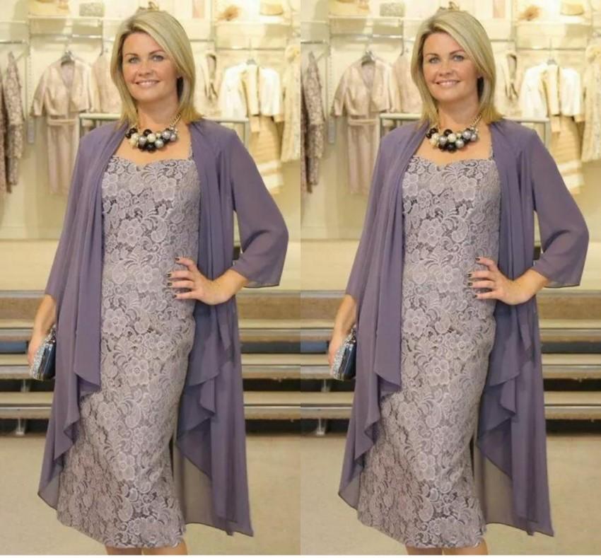Elegant Two Pieces Lavender Mother of The Bride Dresses Suits Full Lace Dress With Jacket Tea Length Short Prom Party Gowns Plus Size