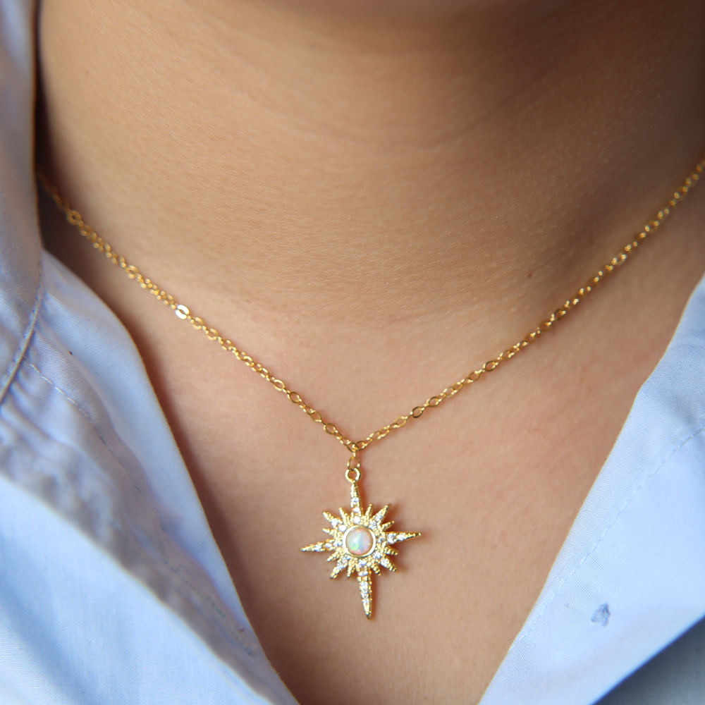 fashion gold plated jewelry northstar pendant necklace with clear cz white fire opal gemstone starburst 2021 christmas gift jewelry