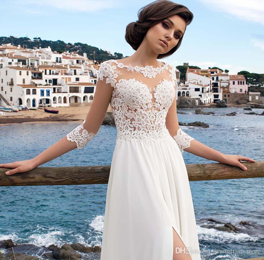 Amazing Beach Sexy Dresses A Line Scoop Neck Lace Applique 3/4 Sleeves High Side Split Bridal Gowns Sweep Train Wedding Dress pplique