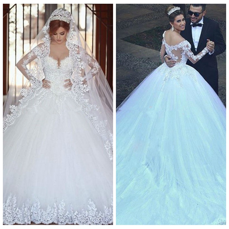 2021 Long Sleeves Ball Gown Wedding Dresses Custom Online Bridal Gowns Lace Appliques Chapel Train See Through Back Formal Wedding Wear, White
2021 Long Sleeves Ball Gown Wedding Dresses Custom Online Bridal Gowns Lace Appliques Chapel Train See Through Back Formal Wedding Wear, White