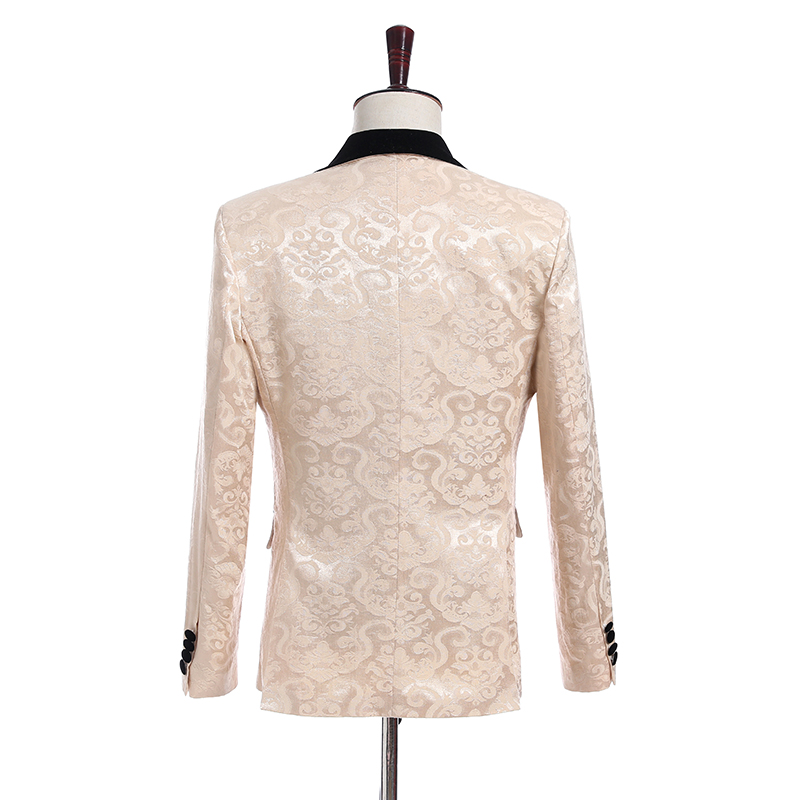 Champagne Jacquard Groom Tuxedos Black Velvet Lapel Side Vent Men Wedding Tuxedos Excellent Men 3 Piece Suit Blazer(Jacket+Pants+Tie+Vest)47