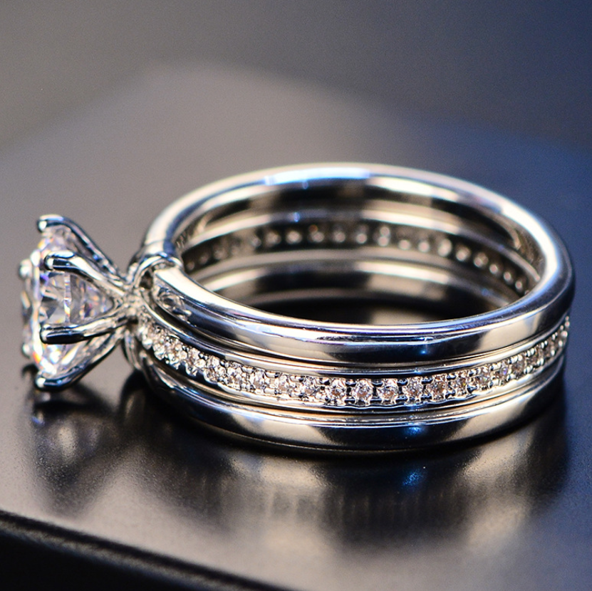 Sterg 3-in-1 Bridal Ring Set: Round Cut White Topaz CZ in Sier