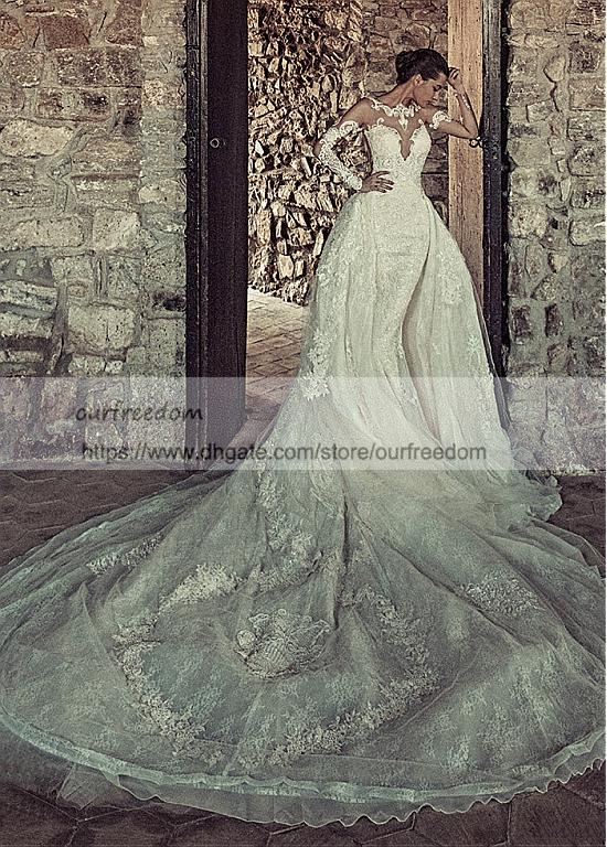 2019 Gorgeous Detachable Train 2 In 1 Wedding Dresses With Long Sleeve Lace Appliques Illusion Bodice Zipper Mermaid Bridal Gown For Castle, Ivory
2019 Gorgeous Detachable Train 2 In 1 Wedding Dresses With Long Sleeve Lace Appliques Illusion Bodice Zipper Mermaid Bridal Gown For Castle, Ivory