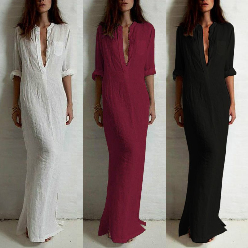 Autumn Plus Size 5XL Women Shirt Dress Retro Long Maxi Dress Elegant Ladies Long Sleeve V neck Split Long Gowns Robe female D1891301