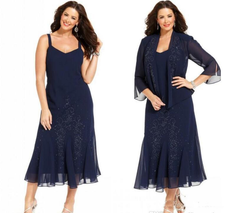 Elegant Navy Blue Chiffon Tea Length Plus Size Mother of the Bride Dresses with Jacket 3/4 Sleeves Mother Dresses Wedding Guest Dresses
