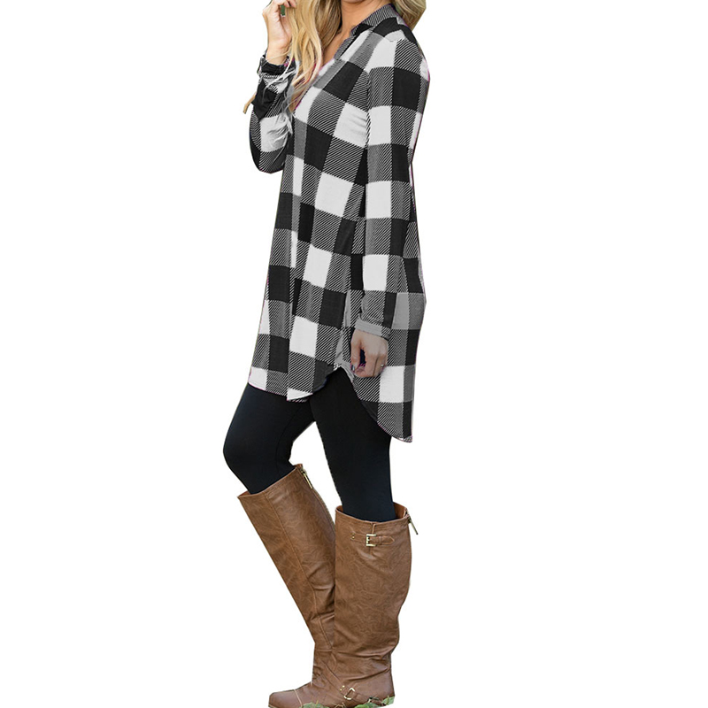 2018 Women Summer Long Blouse V Neck Ladies Tops Plaid Bottons Long Sleeve Shirt Femme Plus Size Blusa Feminina Chemise Blusas