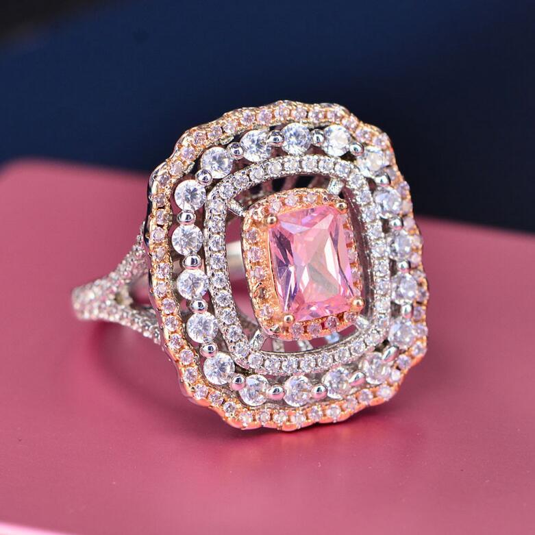 Drop Shipping Stunning Luxury Jewelry 925 Sterling Silver Princess Cut Pink Sapphire CZ Diamond Party Women Office Wedding Band Ring Gift