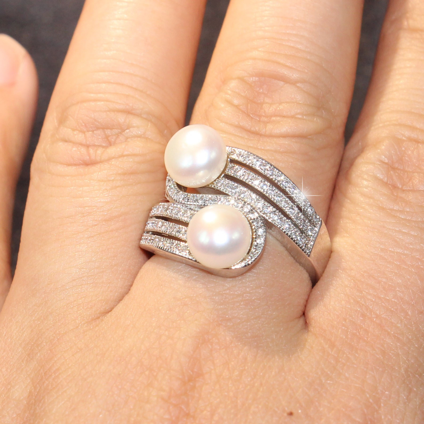 2018 New Arrival Top Selling Luxury Jewelry 925 Sterling Silver Two Pearl Pave CZ Diamond Party Office Women Band Ring For Lovers' Gift