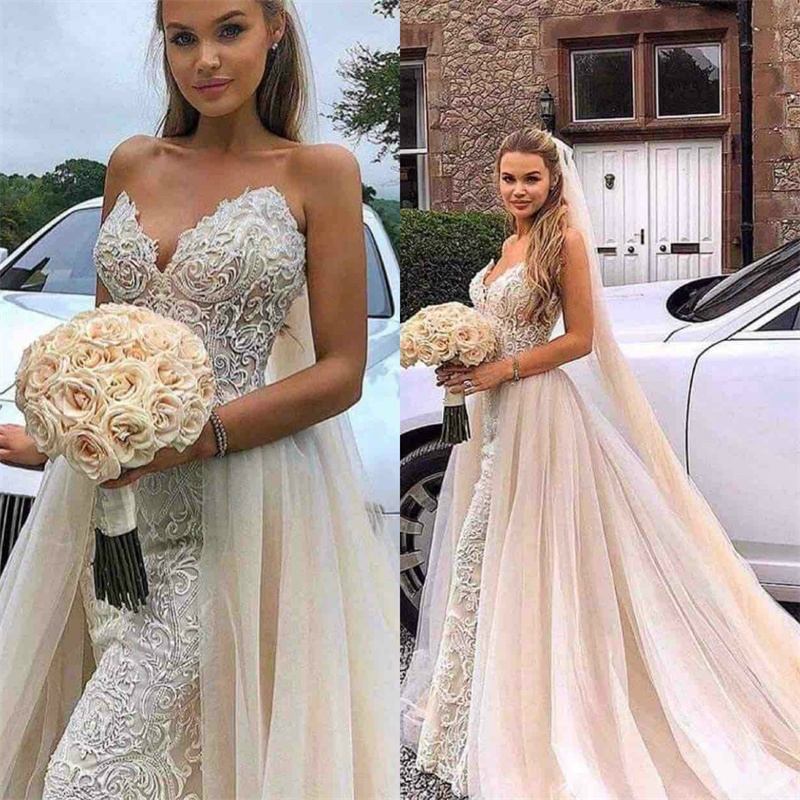 2019 New Mermaid Overskirts Wedding Dresses With Detachable Train Lace Appliques Sweetheart Bridal Gowns Garden Vestidos De Mariee Custom