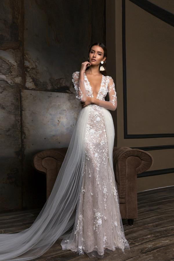 new berta mermaid overskirts wedding dresses long sleeves deep v neck full 3d ral lace appliqued trumpet bridal gowns