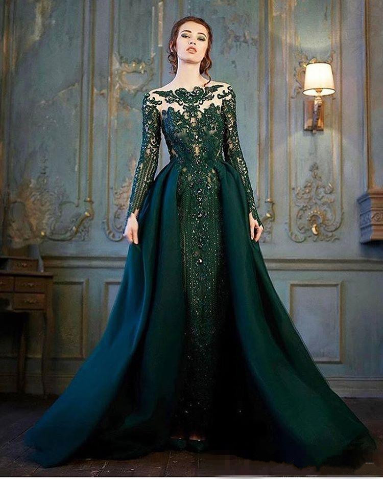 modest emerald hunter green long sleeve evening dresses with detachable train luxury lace beaded mermaid prom gowns