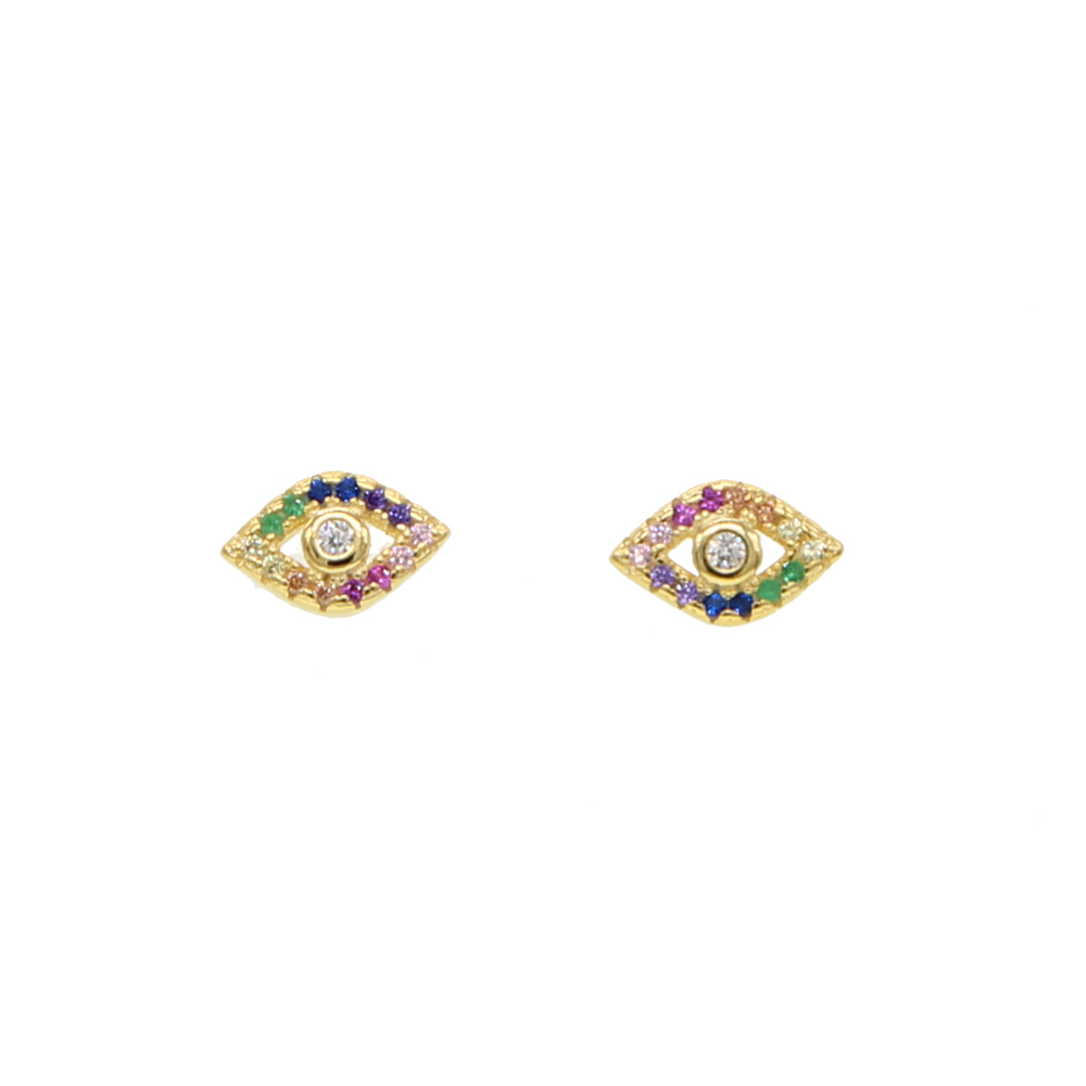 lucky evil eye charm Gold silver plated 925 sterling silver rainbow colorful cz paved bright silver eye stud earring