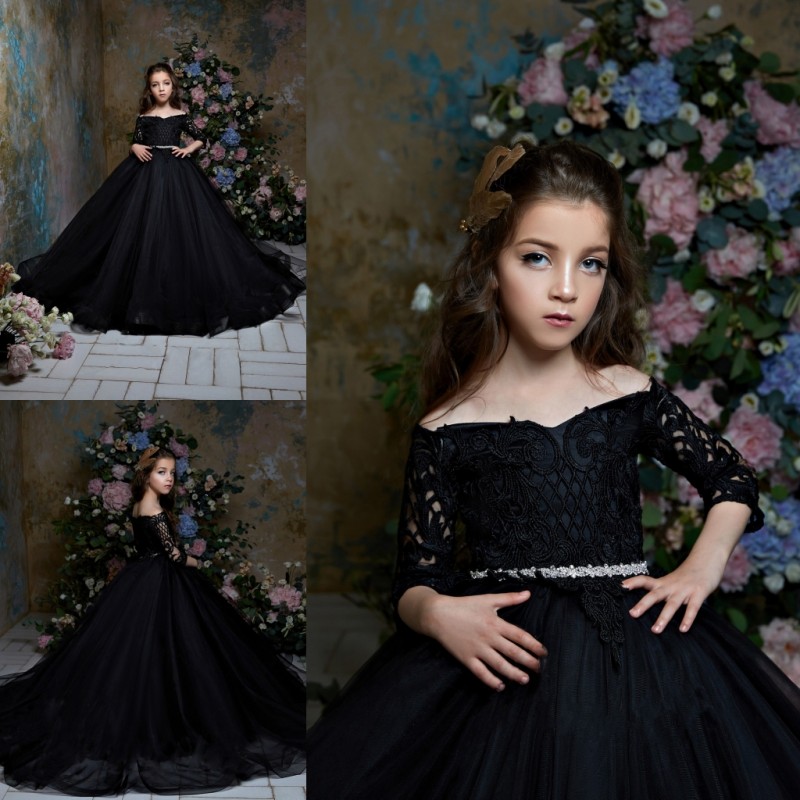Pentelei 2019 Black Flower Girl Dresses For Weddings Off The Shoulder Long Sleeves Lace Little Kids Baby Gowns Cheap Vintage Communion Dress