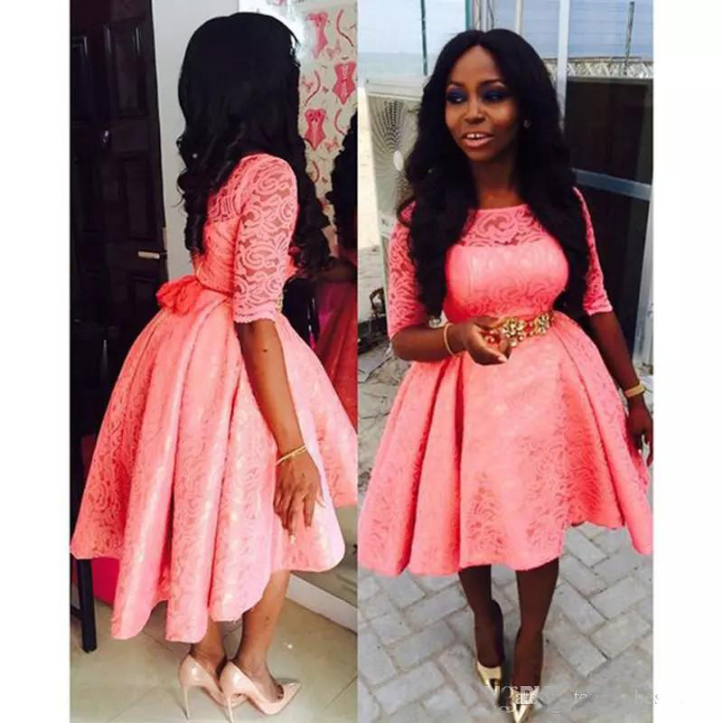 Lace South African Cocktail Dresses Party Wear Half Long Sleeves Knee Length Formal Evening Gowns Black Girl Short Prom Dress