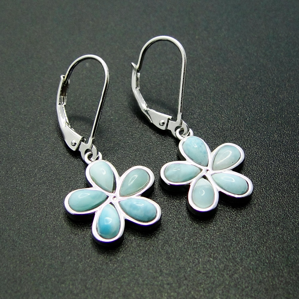 Natural Larimar Jewelry Flower Earring Fine Jewelry Silver Dangle Earrings 100% 925 Sterling Silver Jewelry for Girl's EarringY1883003