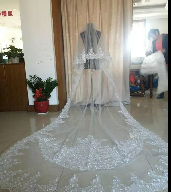 Best Selling Ivory White Wedding Veils 3 Meters Long Veils Lace Applique Crystals Two Layers Cathedral Length Cheap Bridal Veil Real Image