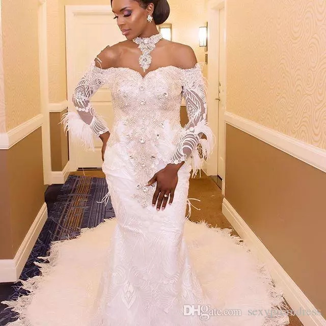 Mermaid Dresses Off The Shoulder High Neck Lace Appliques Bg Crystal Plus Size Wedding Dress Long Sleeve Bridal Gowns