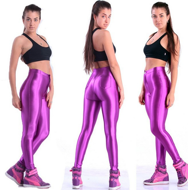 Women Fashion Brand New High Waist Candy Color Shiny Dance Disco Pants American A Pencil Workout Pants Hot Plus Size XL