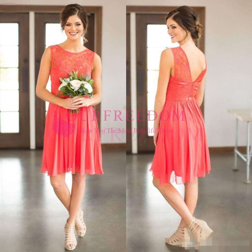 Cheap Coral Short Lace Country Bridesmaids Dresses Sheer Jewel Neck Wedding Guest Dress Knee Length Pleated Chiffon Maid Of Honor Gowns
Cheap Coral Short Lace Country Bridesmaids Dresses Sheer Jewel Neck Wedding Guest Dress Knee Length Pleated Chiffon Maid Of Honor Gowns